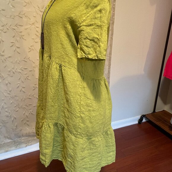 New Francesca Bettini 100% Linen Midi Dress Women's Size L Green Tiered Design - Picture 12 of 13